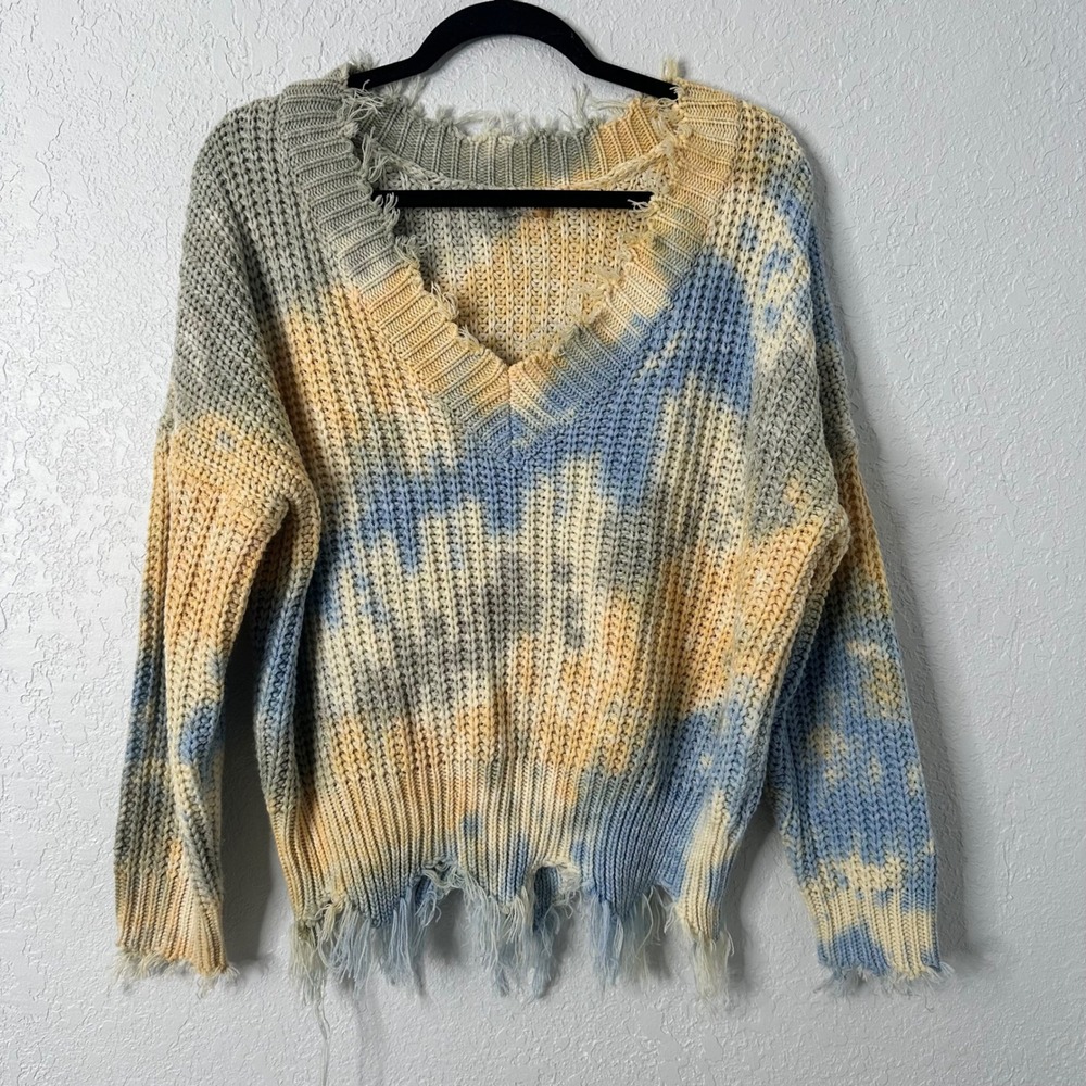 Main Strip Tie Dye Distressed‎ V Neck Sweater Blue yellow women's S